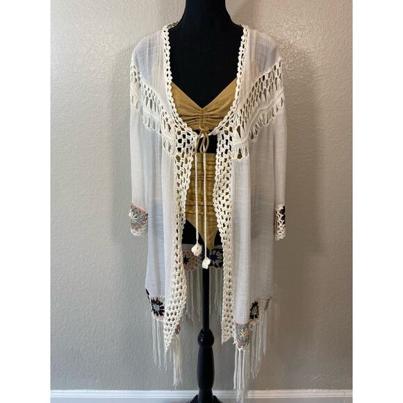 BATHING SUIT COVER-UP Embroidered Details & Fringe Women's Sz L White Boho Beach - Picture 1 of 10